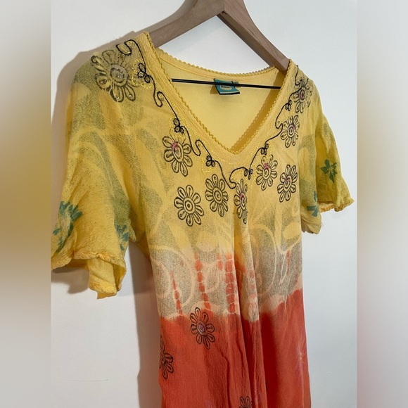 Aremar Dominican Republic Boho Embroidered Yellow Orange Free Size Dress - Picture 11 of 11